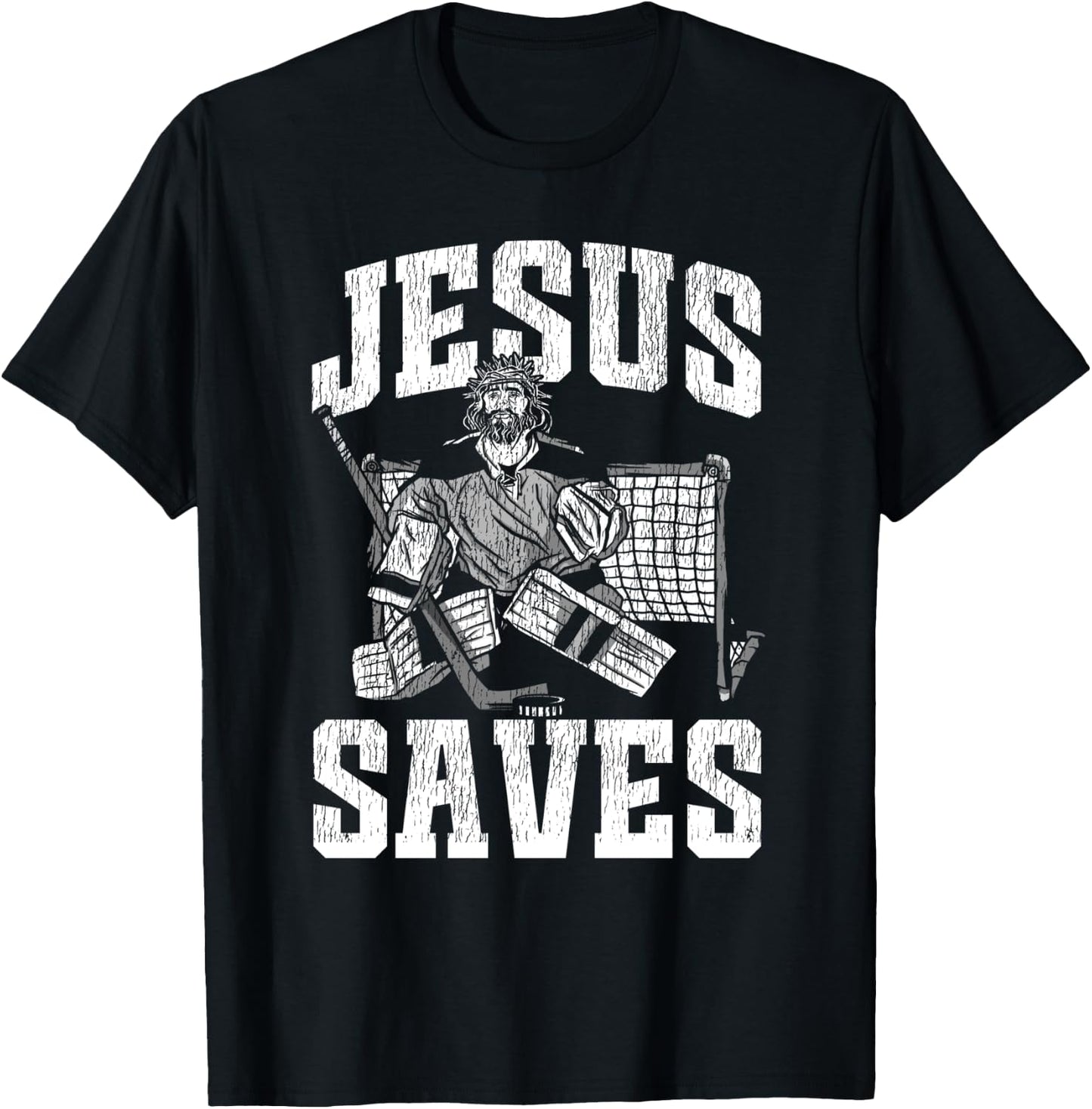 Ice Hockey Goalie Vintage Goalkeeper Jesus Jesus Saves T-Shirt - T-Shirt | Black