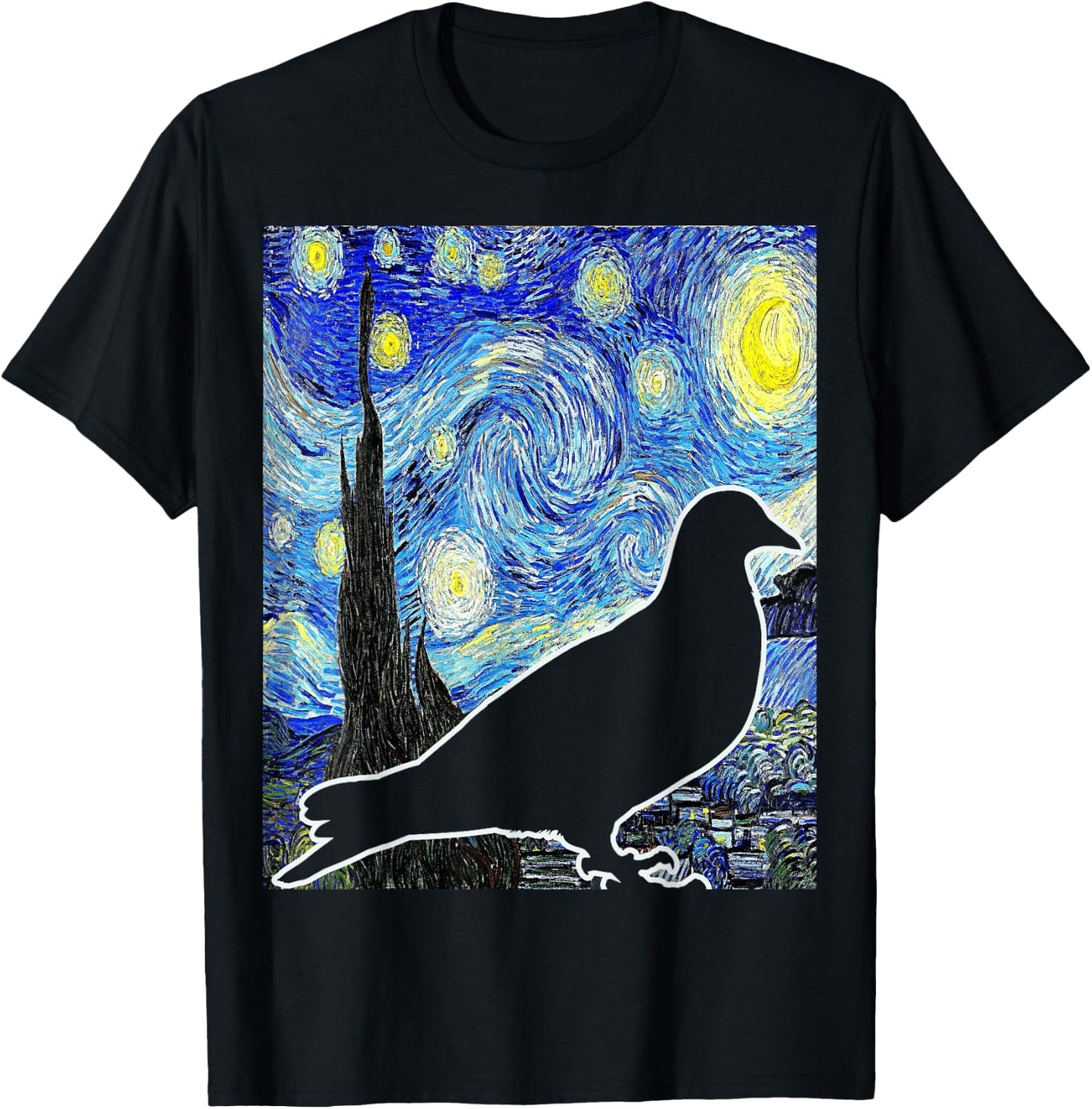 Pigeon Starry Night Van Gogh Birdwatching Ornithology T-Shirt - T-Shirt | Black