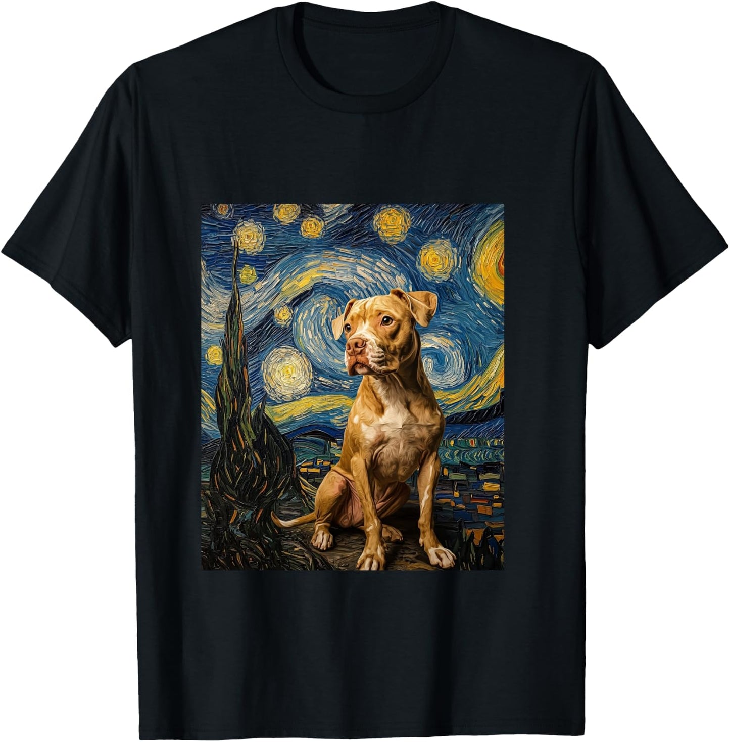 Pitbull Dog Pittie Van Gogh Style Starry Night Graphic T-Shirt - T-Shirt | Black