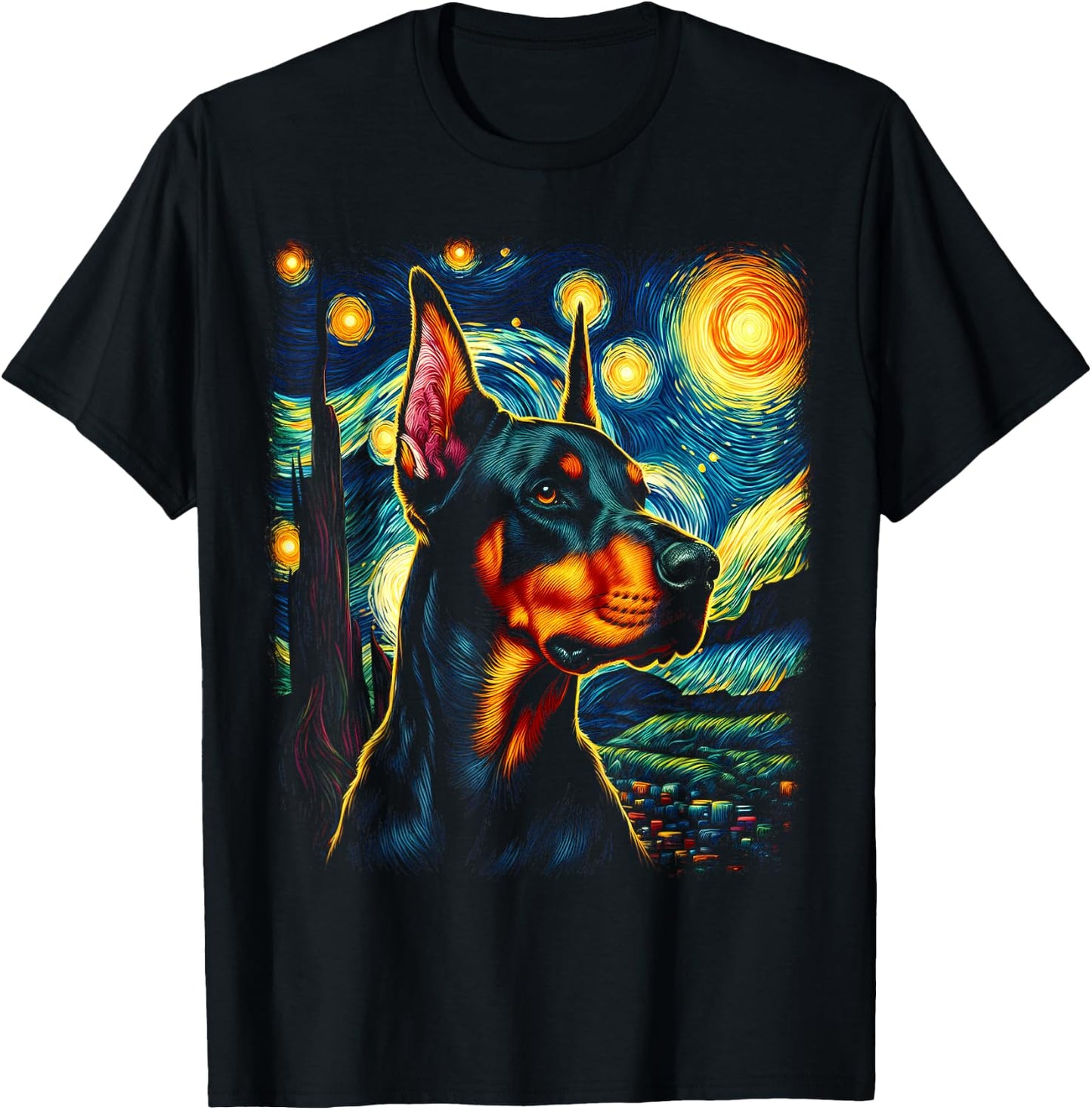 Doberman Pinscher Starry Night Van Gogh Inspired Art T-Shirt - T-Shirt | Black