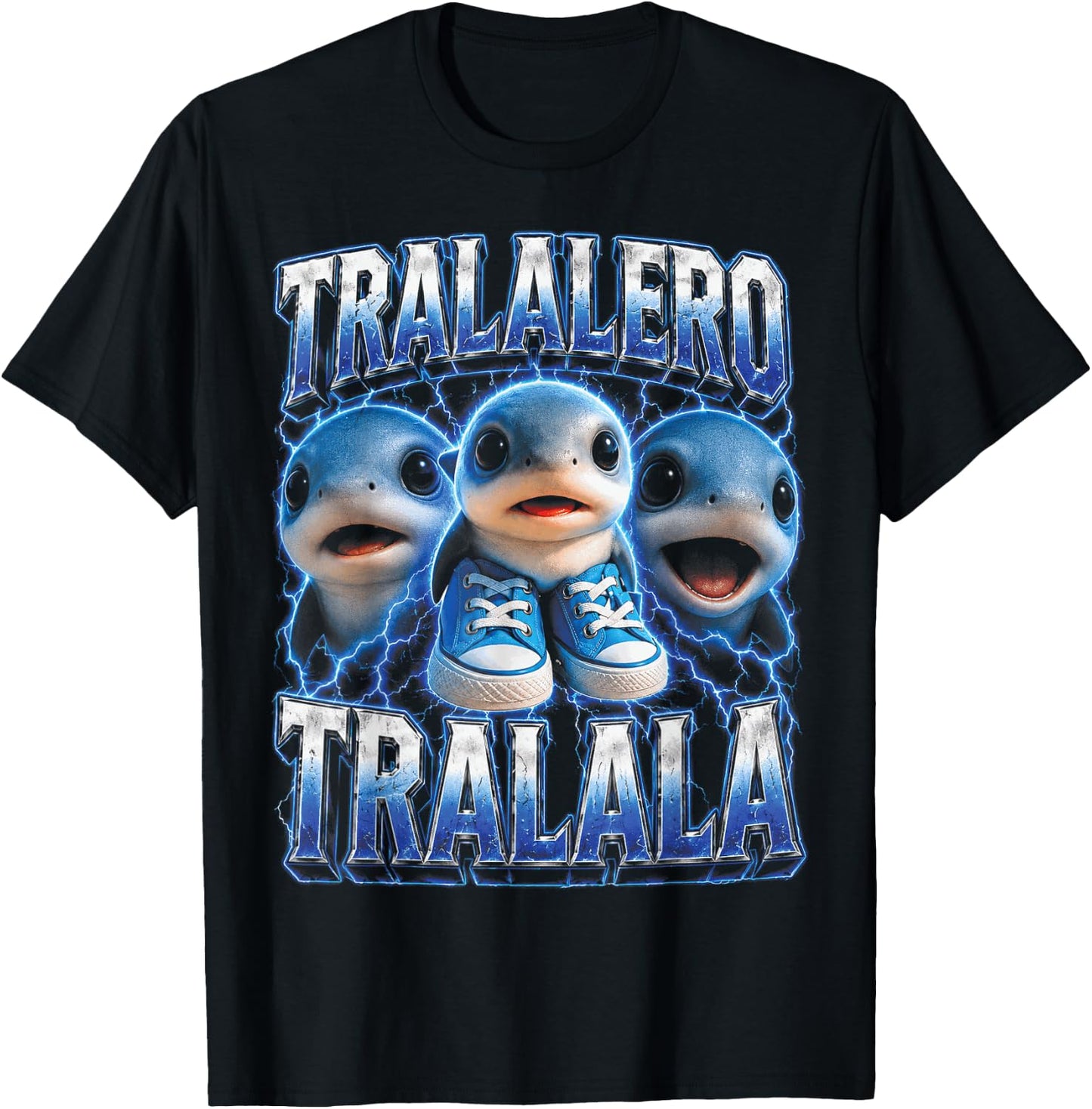 Tralalero Tralala Italian Brainrot Triple Shark Meme T-Shirt - T-Shirt | Black