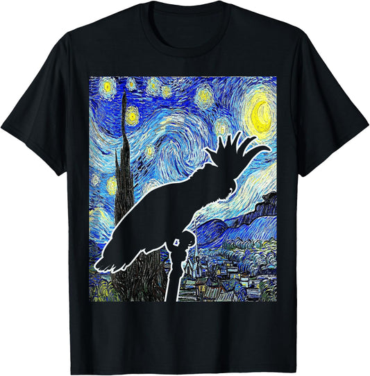 Cockatoo Starry Night Van Gogh Cockatoo Parrot Birding T-Shirt - T-Shirt | Black