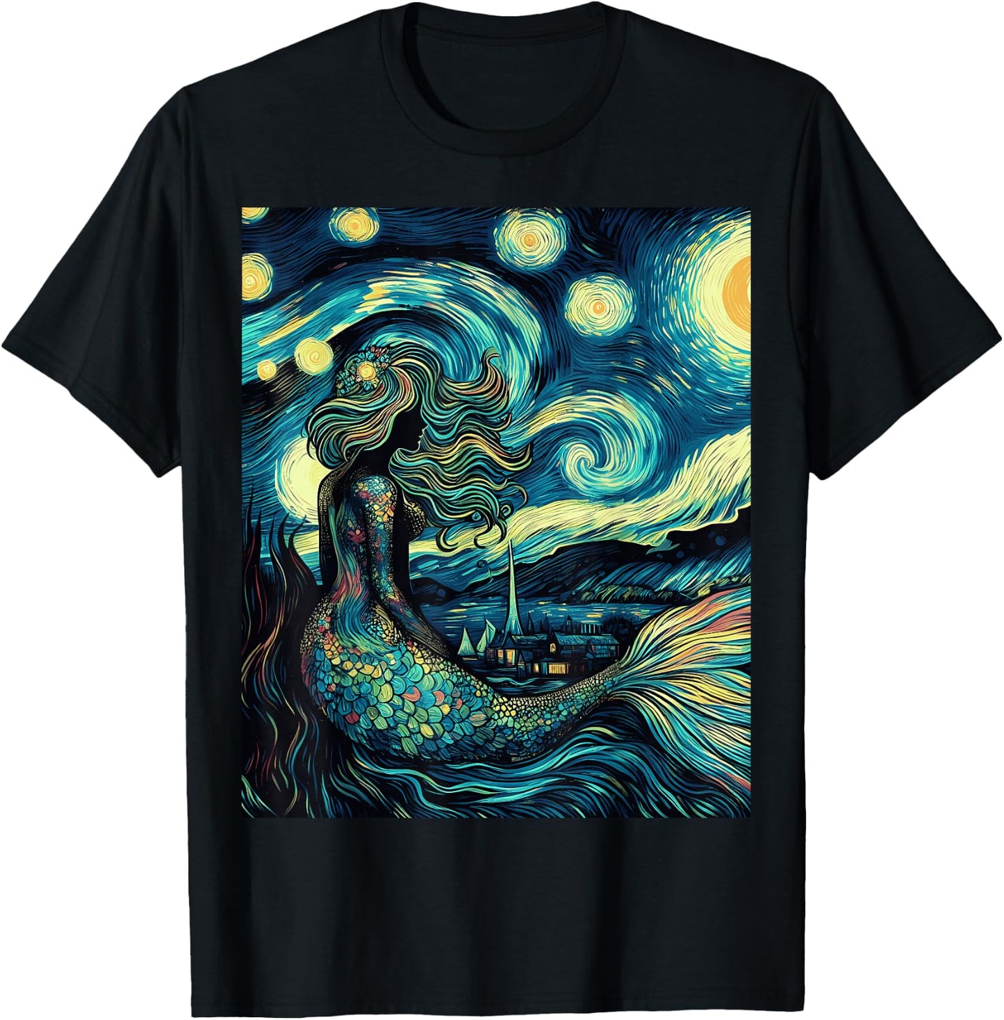 Mermaid Under Starry Night Sky Art Graphic Christmas T-Shirt - T-Shirt | Black