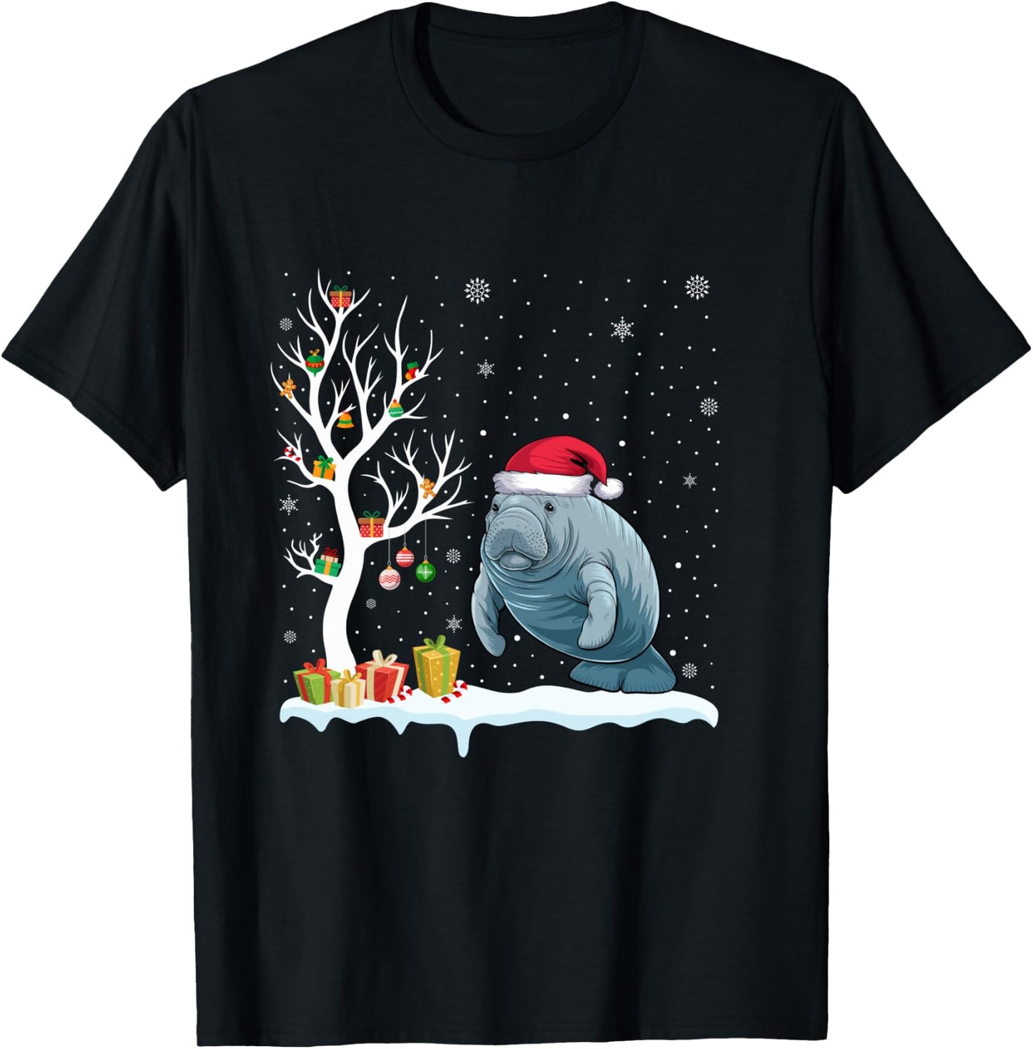 Manatee Santa Hat Festive Tree Light Christmas Pajama T-Shirt - T-Shirt | Black