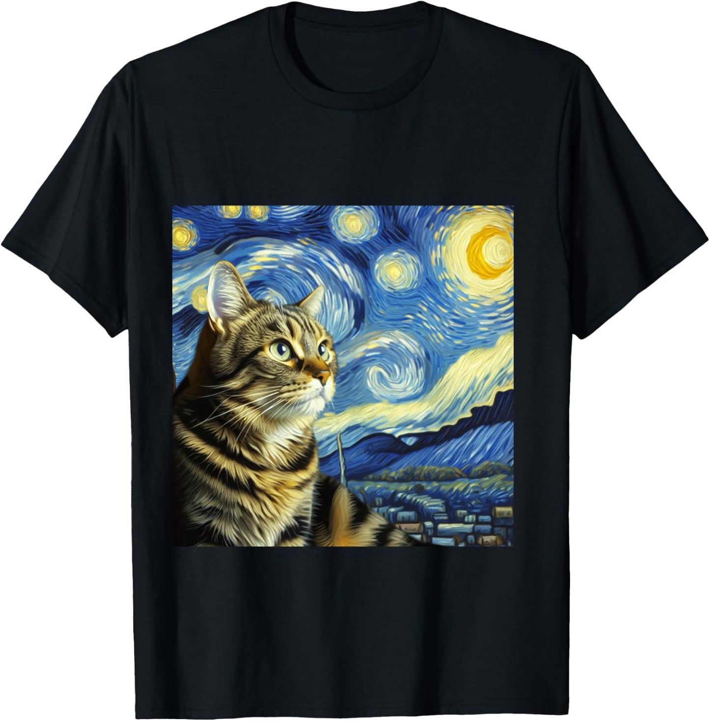Funny Cat Lover Starry Night Van Gogh Grey Tabby Tiger Cat T-Shirt - T-Shirt | Black