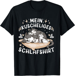 Mein Kuscheliges Schlafshirt, Hauskatze mit 2 Kitten, Shirt, black T-Shirt - T-Shirt | Black