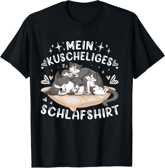 Mein Kuscheliges Schlafshirt, Hauskatze mit 2 Kitten, Shirt, black T-Shirt - T-Shirt | Black