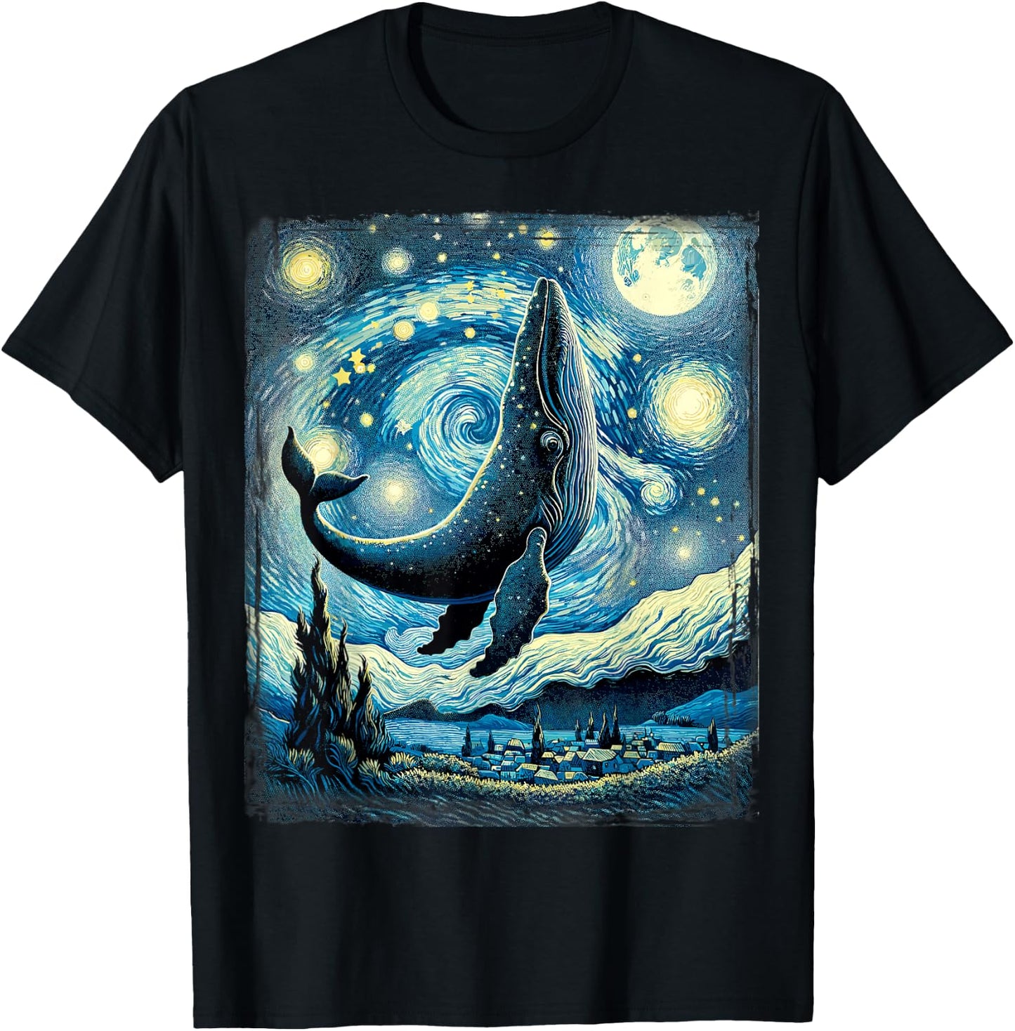 Whale Star Gazer Artistic Van Gogh Style Starry Night Whale T-Shirt - T-Shirt | Black