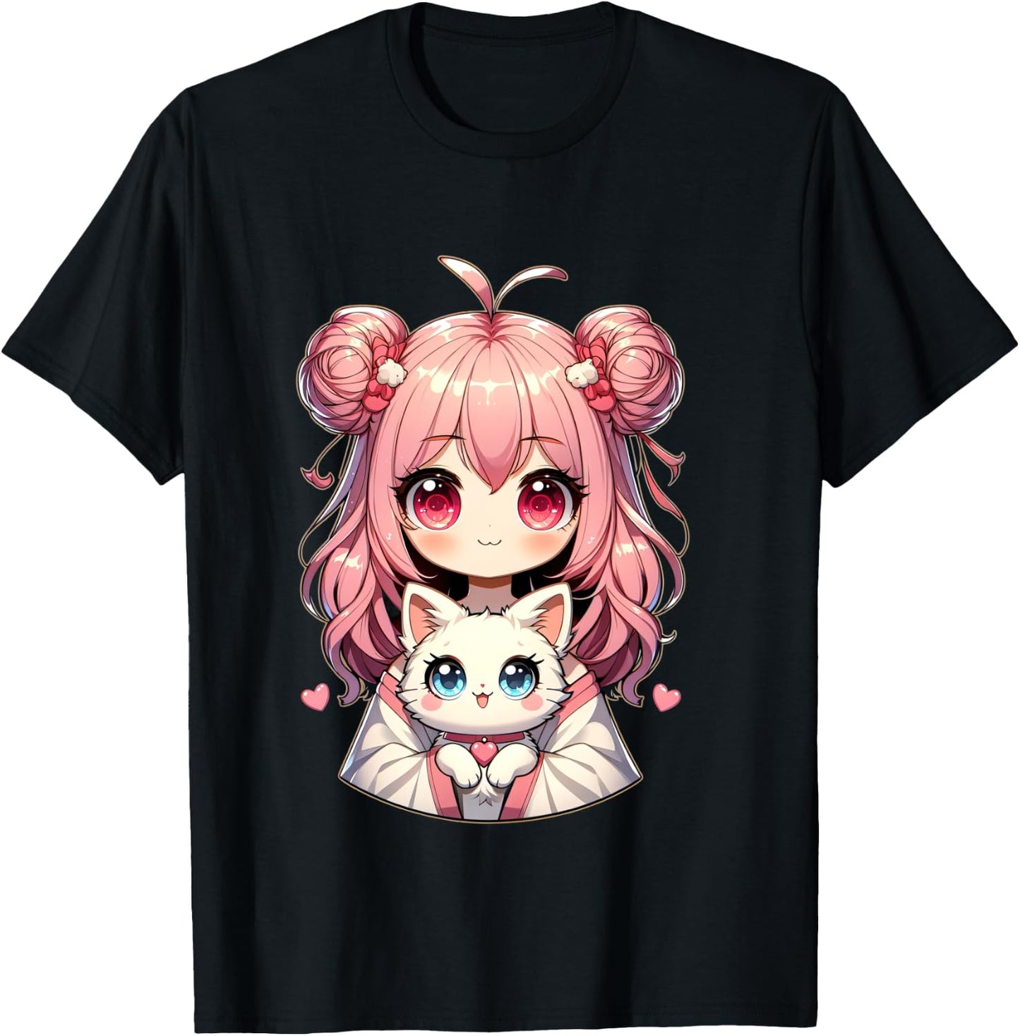 Anime cute cat lovers kawaii manga otaku anime girl pink T-Shirt - T-Shirt | Black
