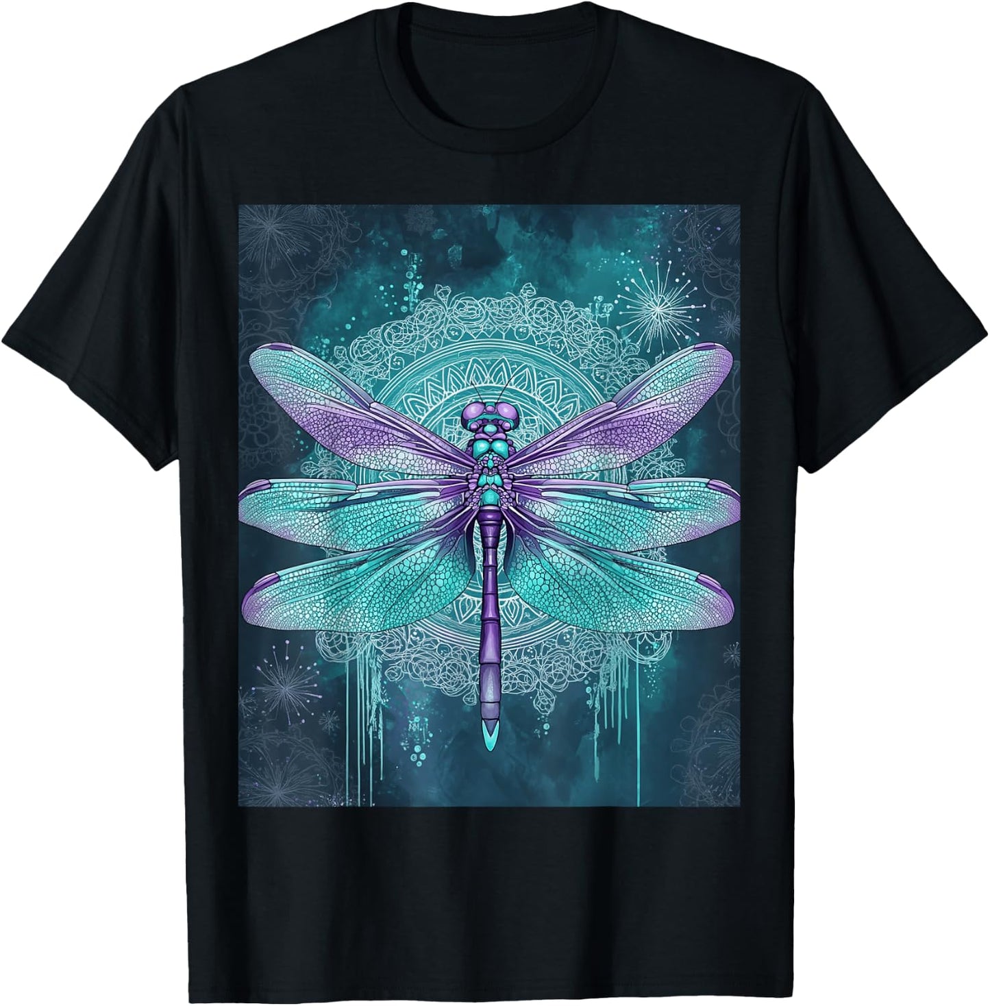 Turquoise Purple Dragonfly Watercolor Art T-Shirt - T-Shirt | Black