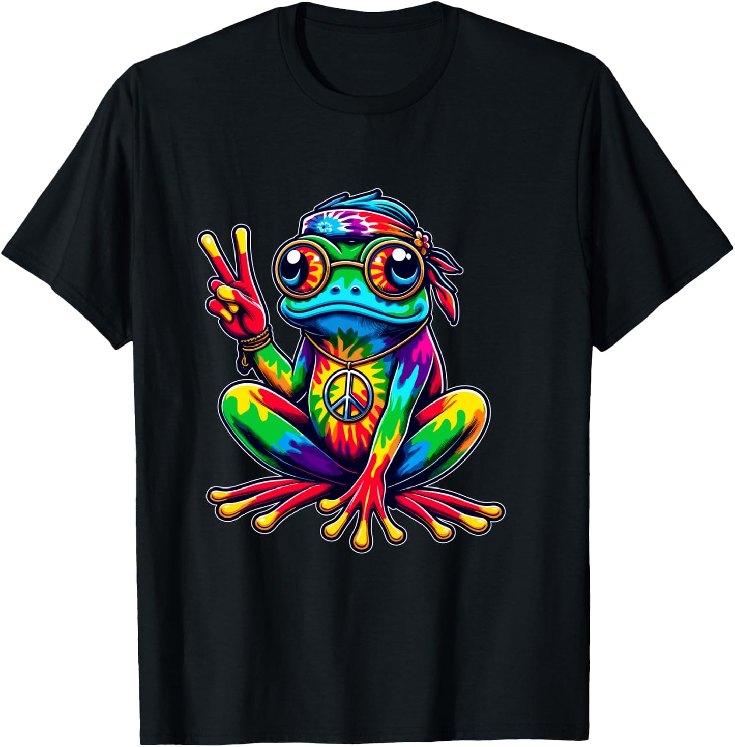 Hippie Tie-Dye Frog, 60s Party & 70s Costume, Peace Sign Shirt, black T-Shirt - T-Shirt | Black