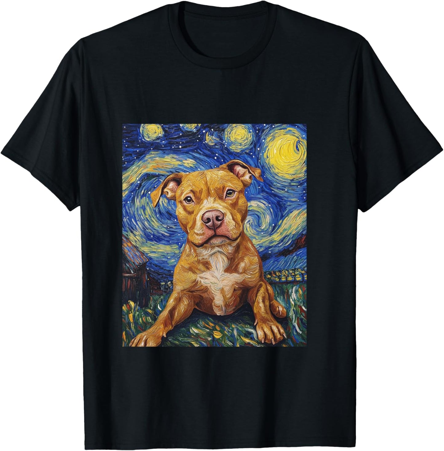 Pitbull Dog Pittie Van Gogh Style Starry Night Graphic T-Shirt - T-Shirt | Black