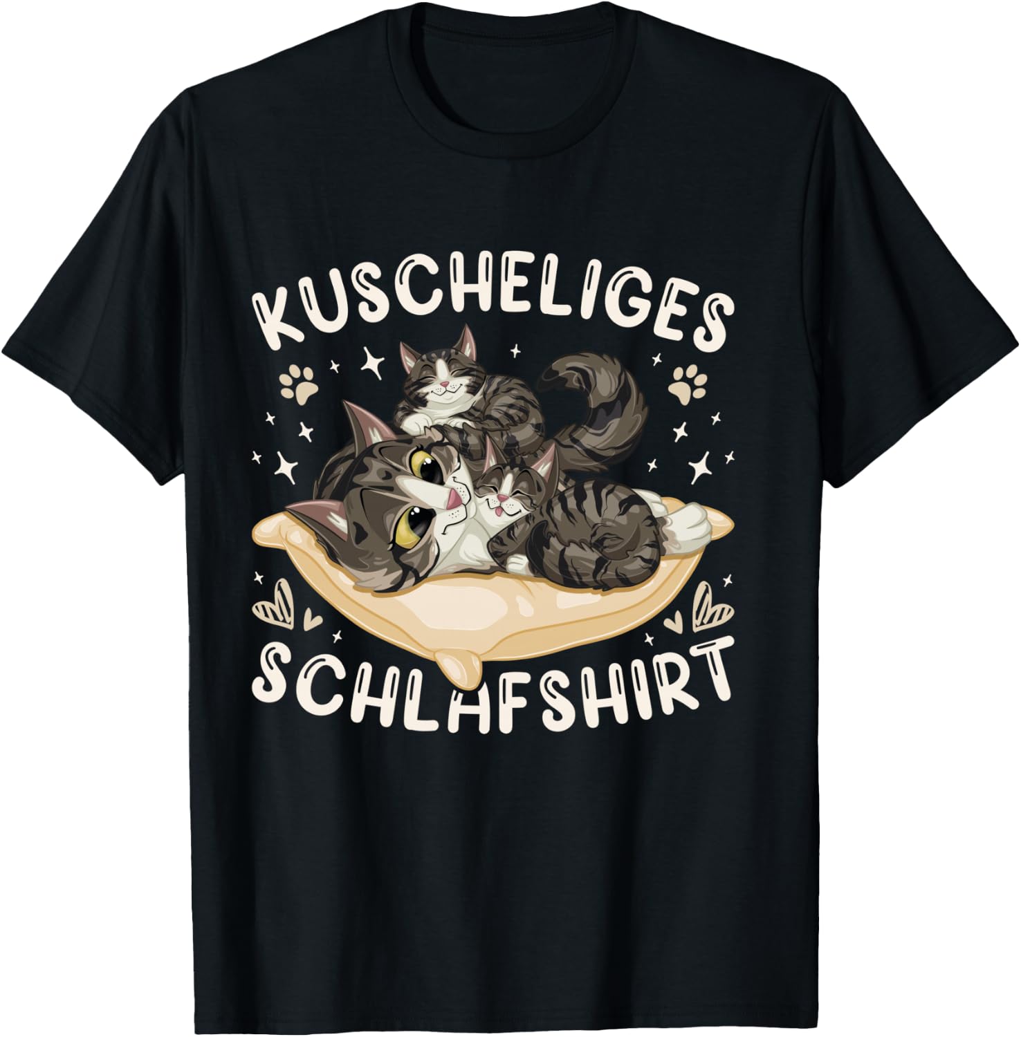 Cosy Sleep Shirt Forest Cat with 2 Kittens Shirt, black T-Shirt - T-Shirt | Black