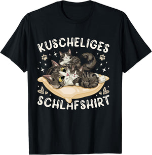 Cosy Sleep Shirt Forest Cat with 2 Kittens Shirt, black T-Shirt - T-Shirt | Black