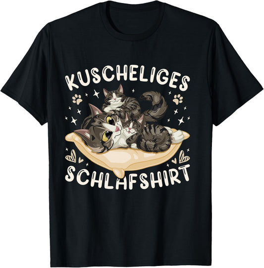 Cosy Sleep Shirt Forest Cat with 2 Kittens Shirt, black T-Shirt - T-Shirt | Black