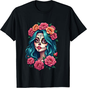 Dia de los Muertos head Mexican woman Mexico sugar skull , Black, S T-Shirt - T-Shirt | Black