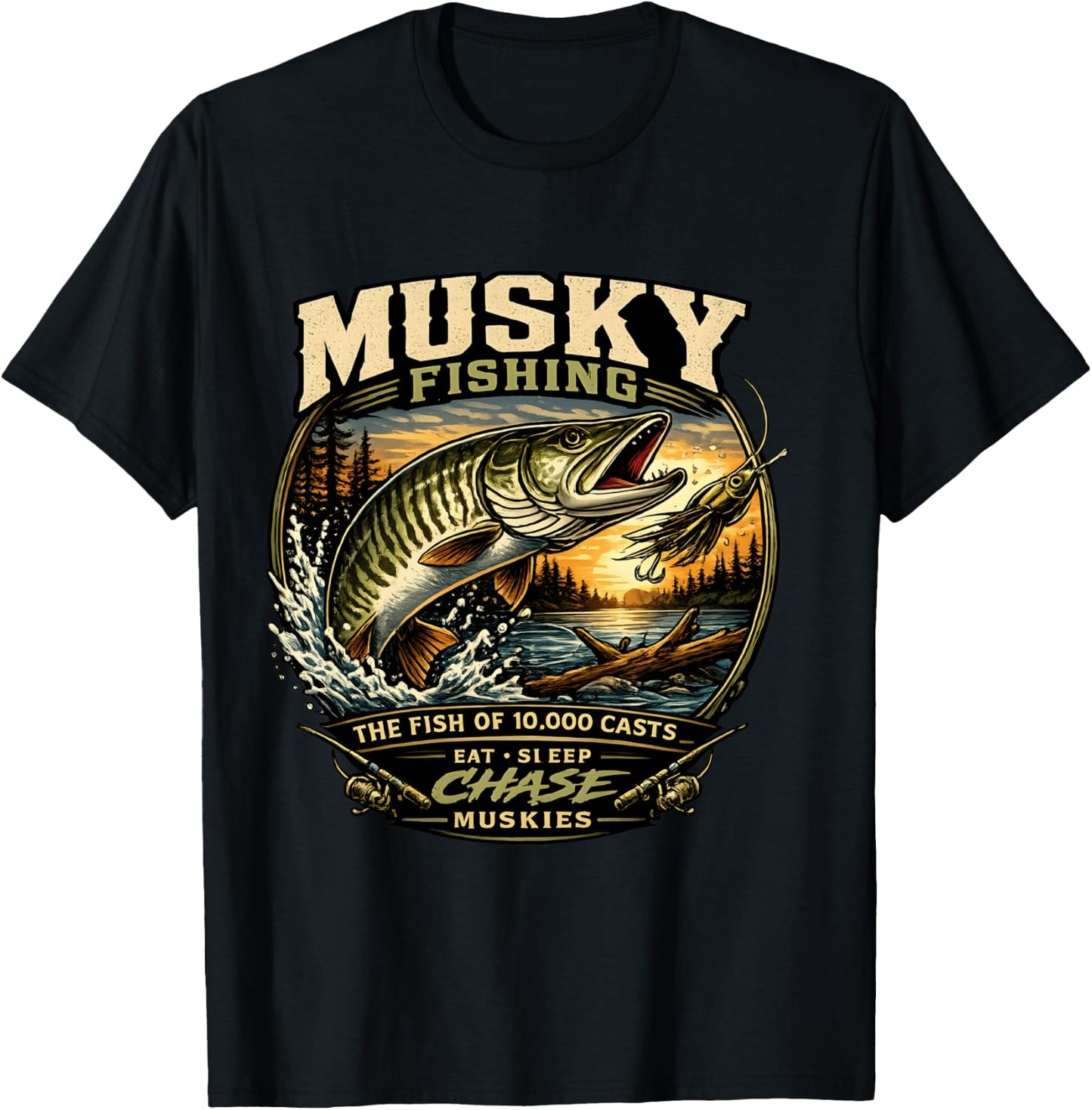 Musky Fishing - The Fish of 10000 Casts Eat Sleep Muskies T-Shirt - T-Shirt | Black