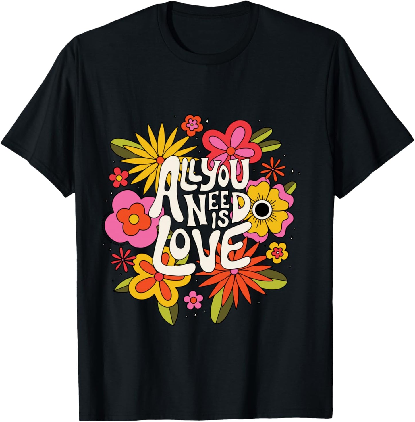 The Beatles - All You Need Is Love Retro Flowers , Black T-Shirt - T-Shirt | Black