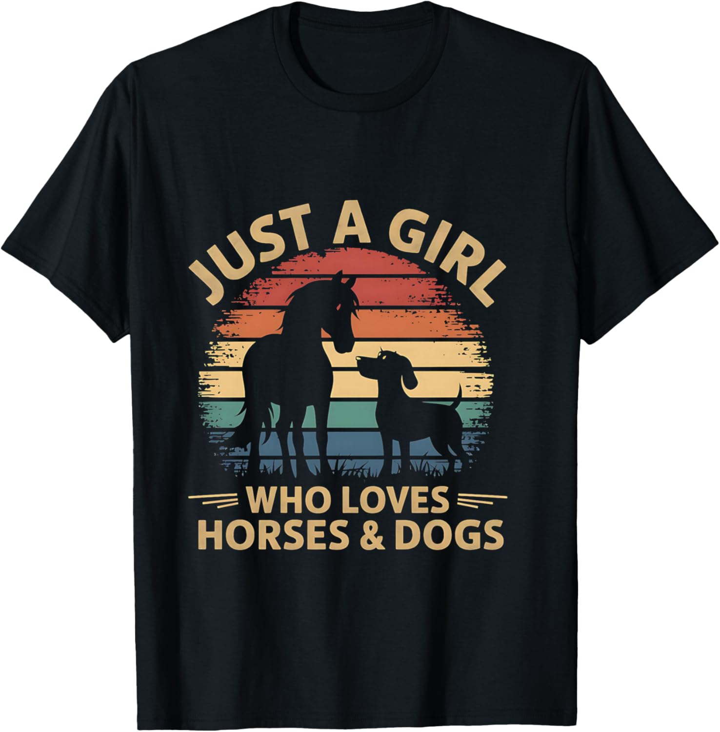 Just a Girl Who Loves Horses and Dogs Coucher de Soleil rétro Manche Longue T-Shirt - T-Shirt | Black