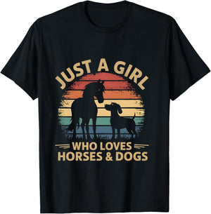 Just a Girl Who Loves Horses and Dogs Coucher de Soleil rétro Manche Longue T-Shirt - T-Shirt | Black