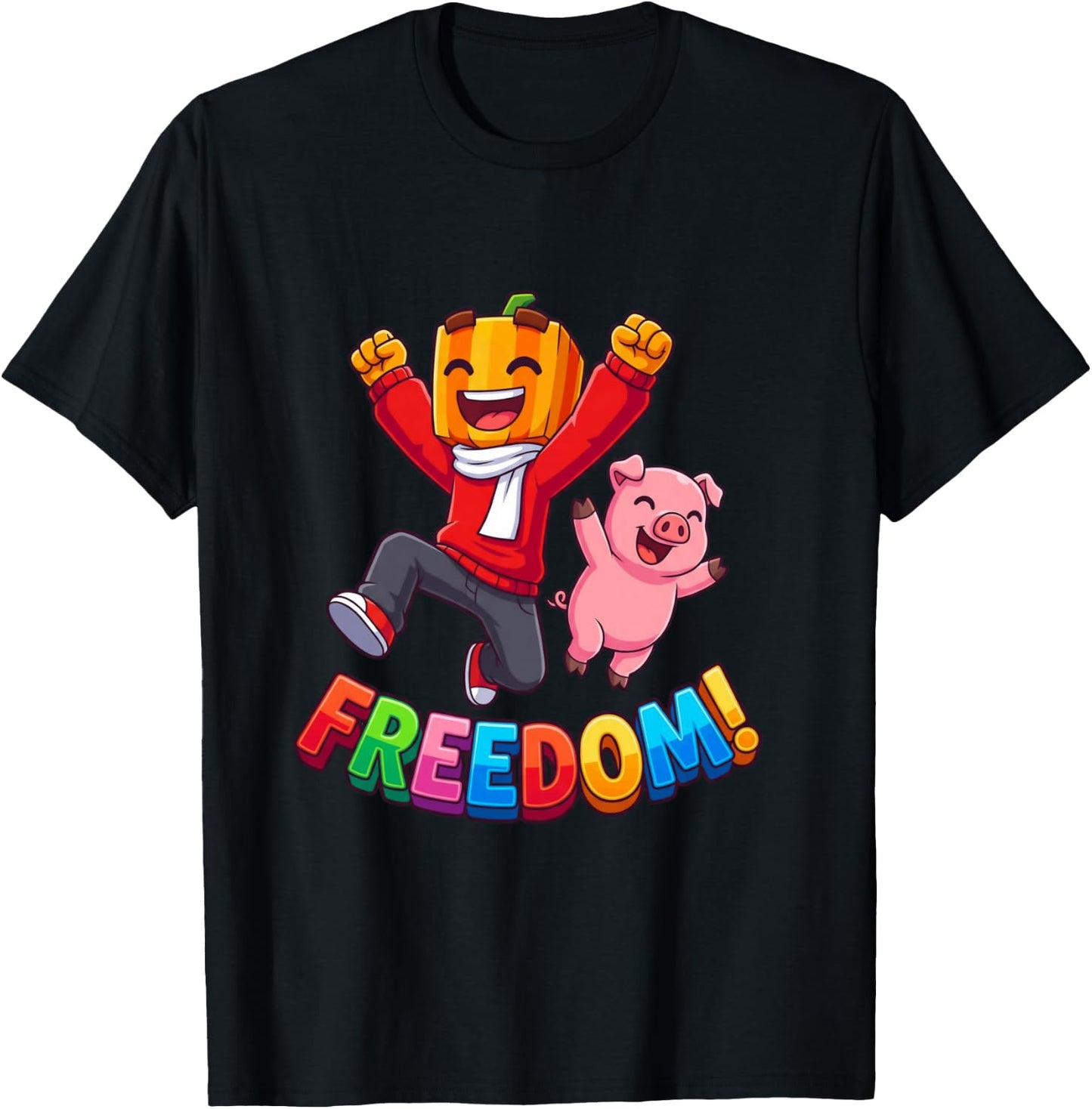Freedom Kürbis Junge Rosa Schwein Kawaii Cartoon Langarmshirt T-Shirt - T-Shirt | Black