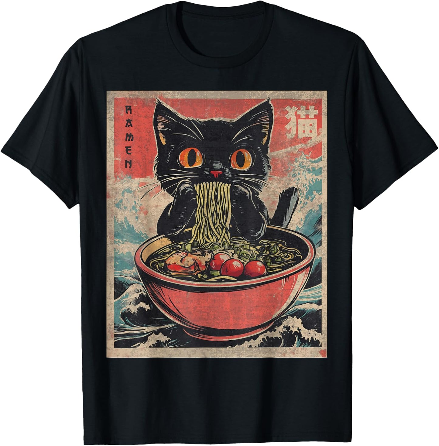 Anime Shirt Women Kids Cat Ramen Noodles Anime Cat Ramen Japanese Funny Graphic Kawaii Cat Anime Gifts Black XS T-Shirt - T-Shirt | Black