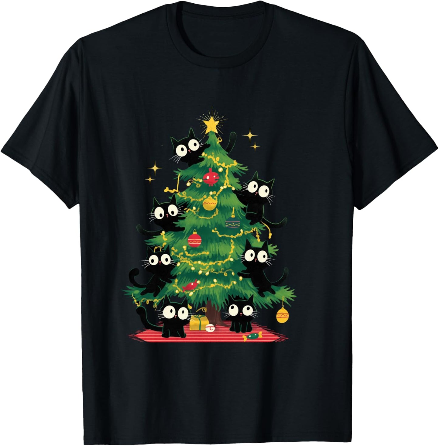 Arbre de Noël Amusant avec Chats Noirs pour Enfants, Hommes, Femmes, Nouvel an Manche Longue T-Shirt - T-Shirt | Black