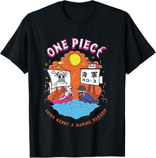 One Piece Going Merry X Navy Warship Straw Hat Pirates T-Shirt - T-Shirt | Black