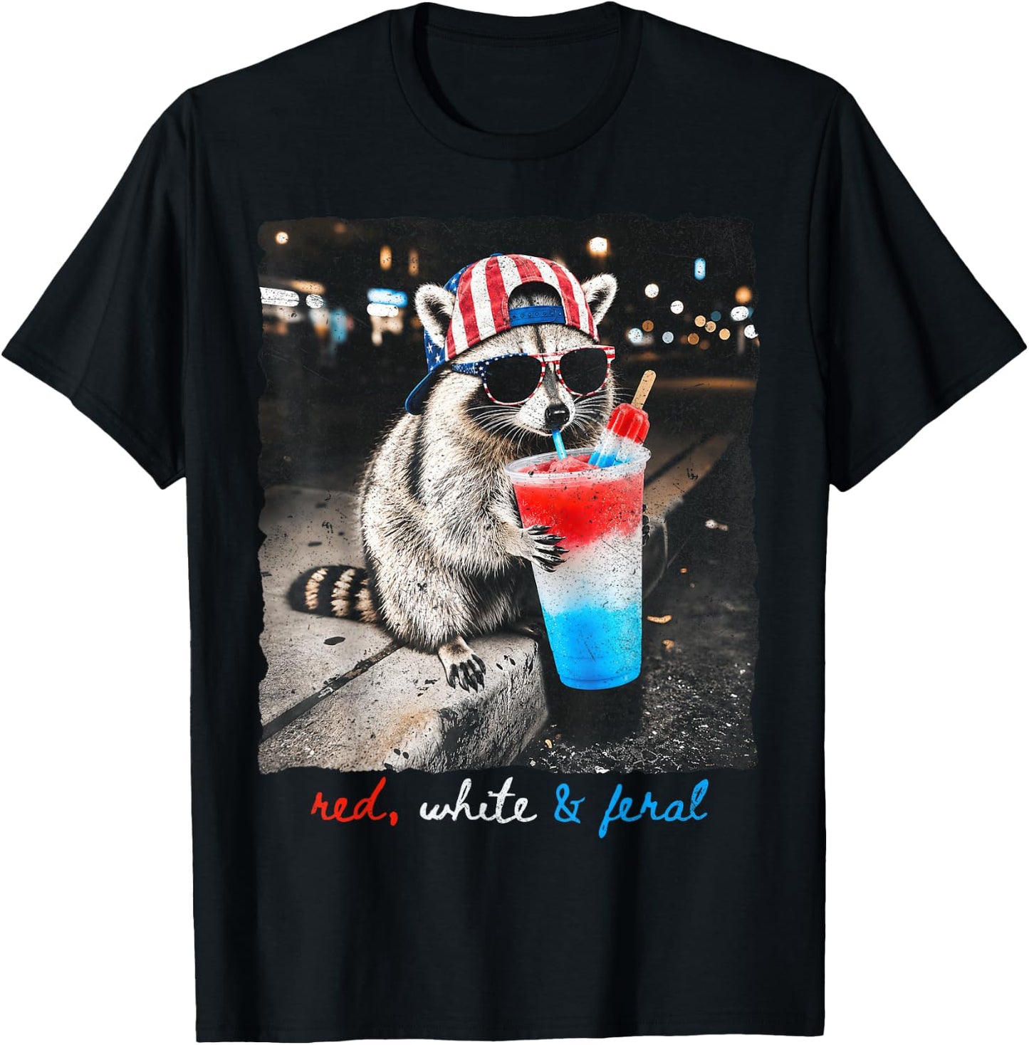 Red White & Feral Funny Raccoon Slushie Popsicle 4th July T-Shirt - T-Shirt | Black