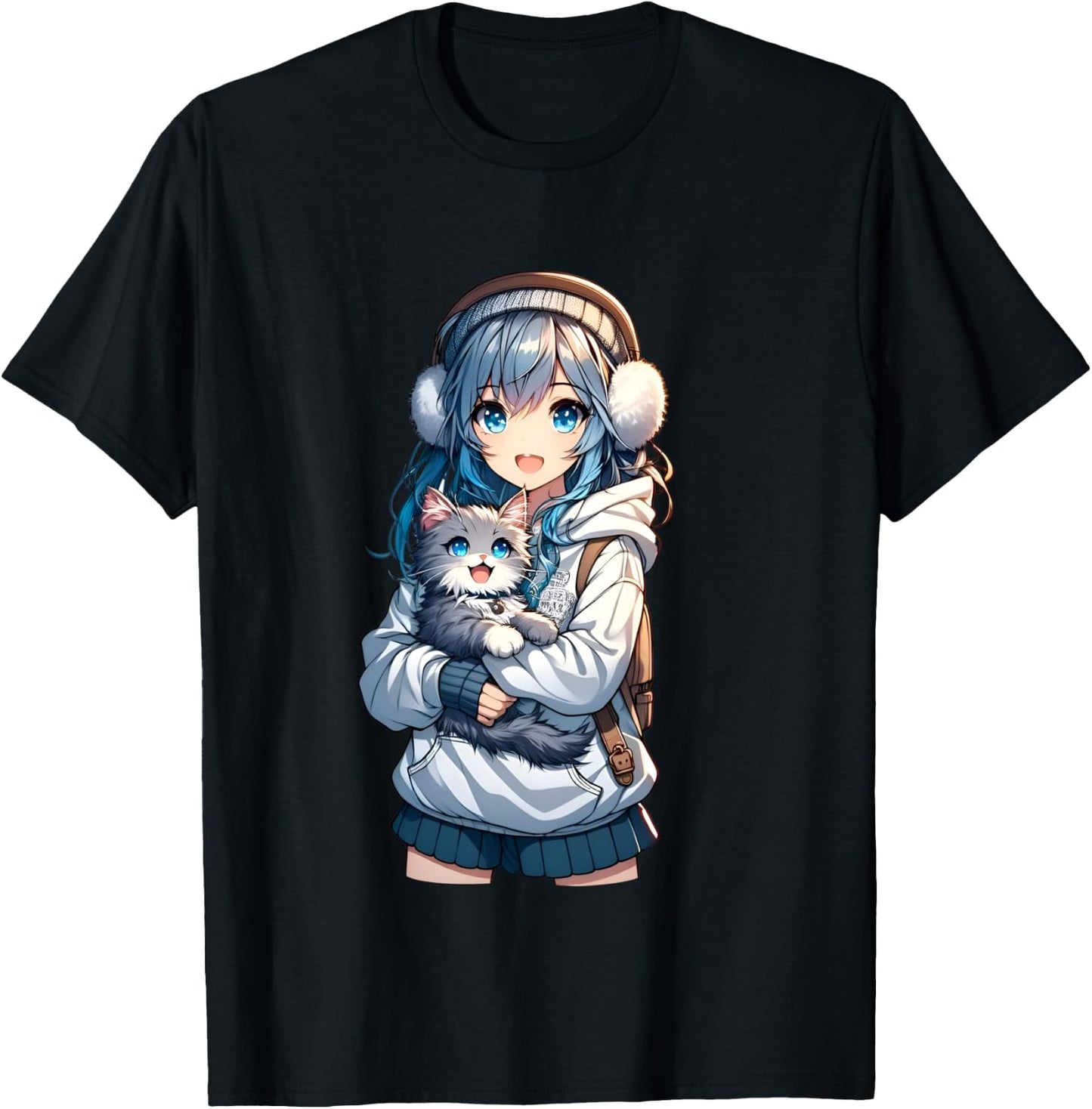 Cute Anime Girl with Cat for Cat Lover Kawaii Otaku Manga , Black, S T-Shirt - T-Shirt | Black