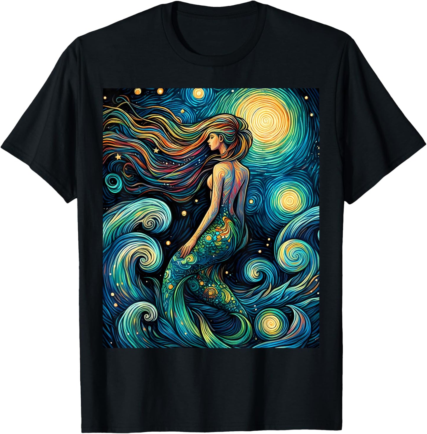 Mermaid Under Starry Night Sky Art Graphic Christmas T-Shirt - T-Shirt | Black