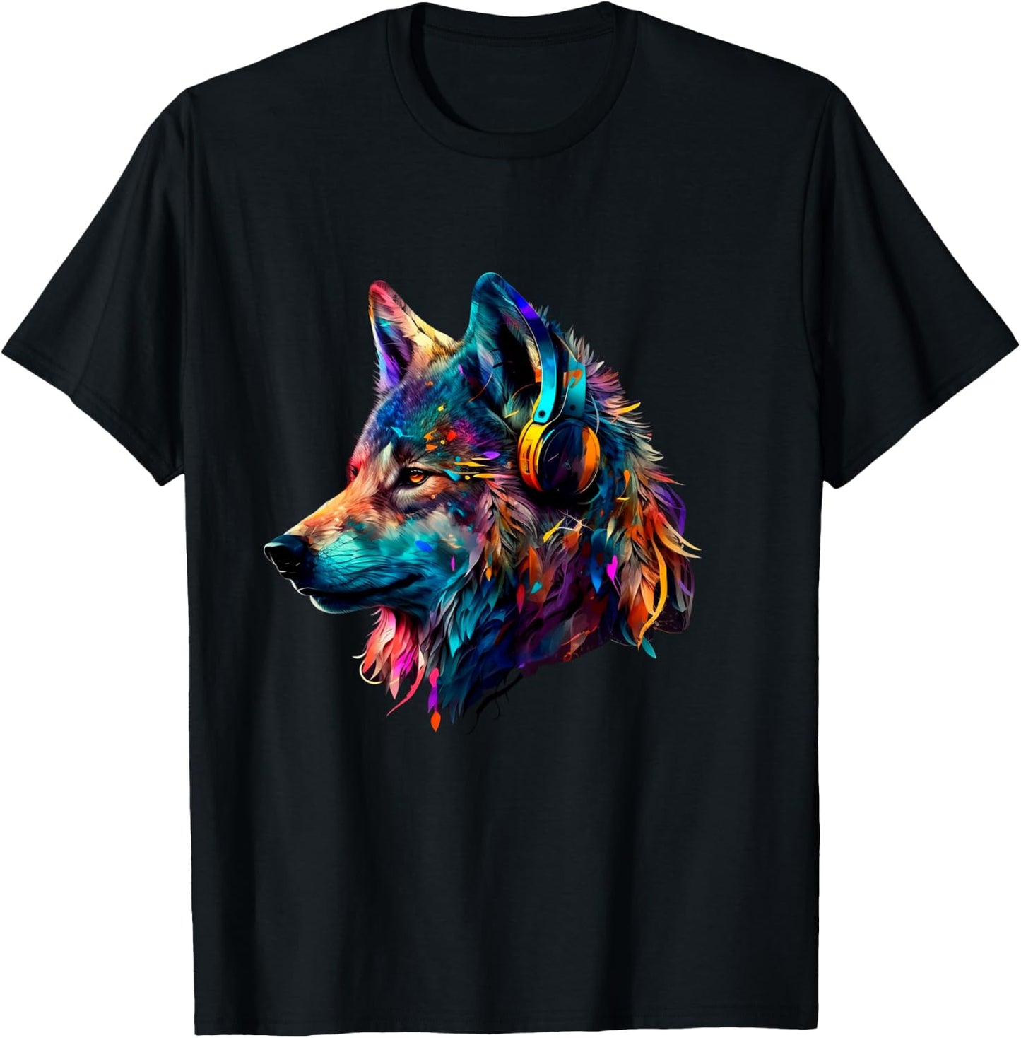 Bunter Wolf mit Kopfhörern, Musikgrafik, Herren, Damen, Kinder Langarmshirt T-Shirt - T-Shirt | Black