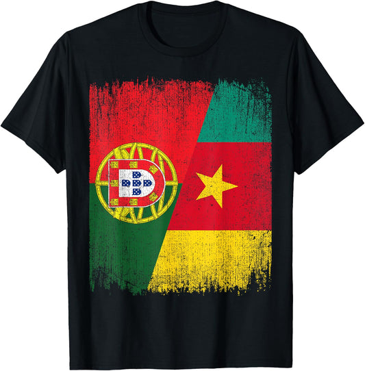Half Portugal Cameroon Split Flag Portuguese Pride Roots T-Shirt - T-Shirt | Black