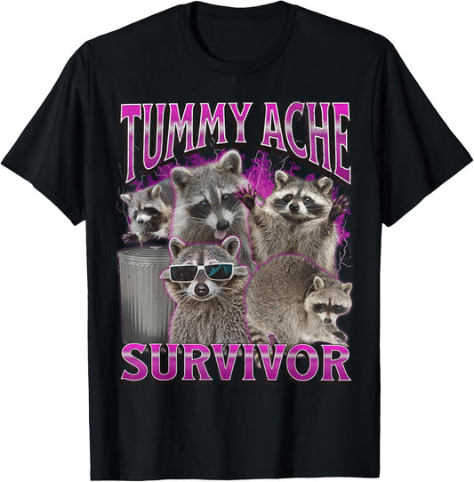 Tummy Ache Survivor Funny Raccoon Meme Bootleg Graphic 90s , black T-Shirt - T-Shirt | Black