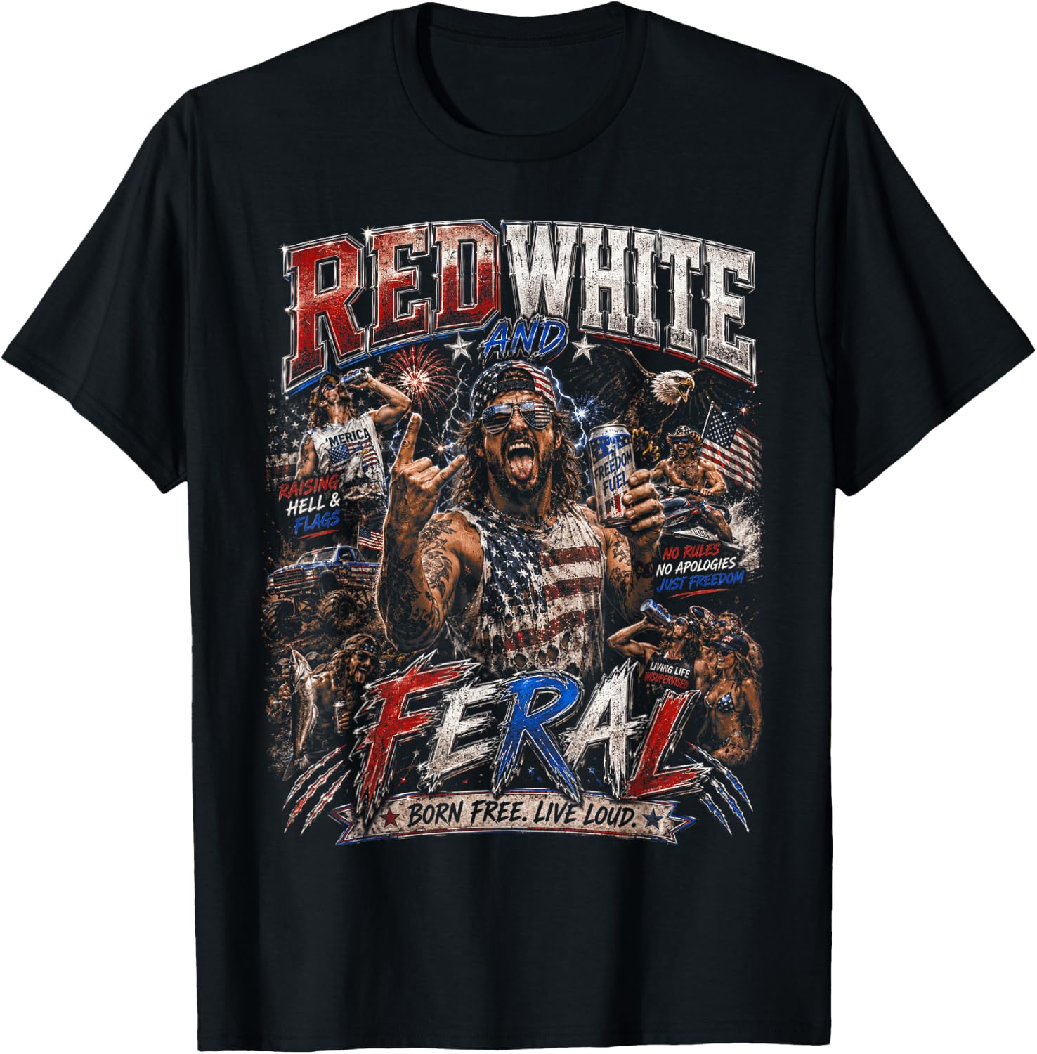 Red White and Feral Freedom US Flag American Bootleg T-Shirt - T-Shirt | Black