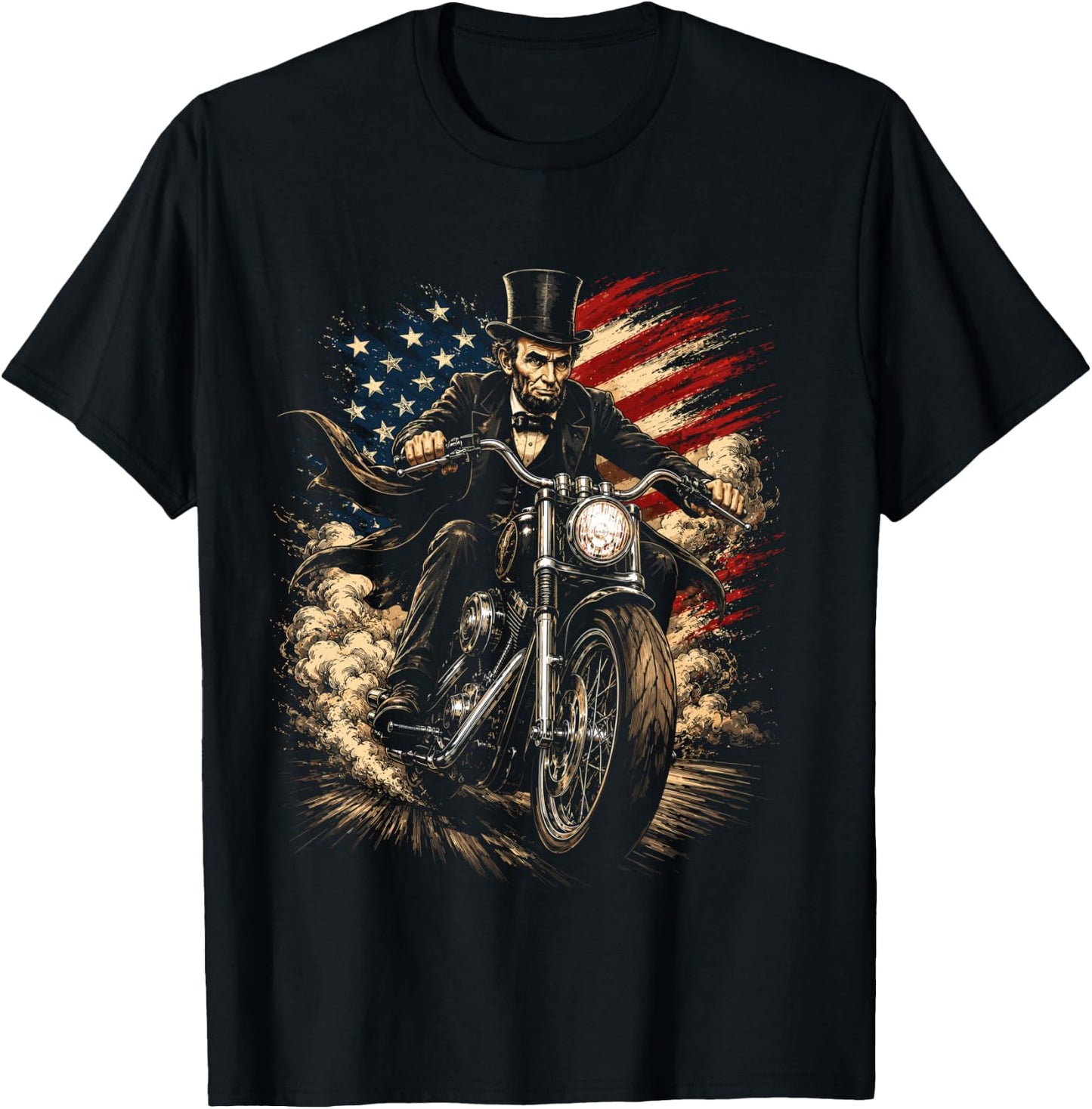 President Abraham Abe Lincoln Riding a Motorcycle Design T-Shirt - T-Shirt | Black