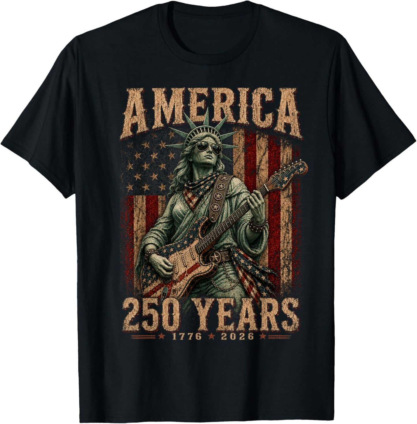Statue Liberty Playing Guitar 4th July 250th Anniversary T-Shirt - T-Shirt | Black