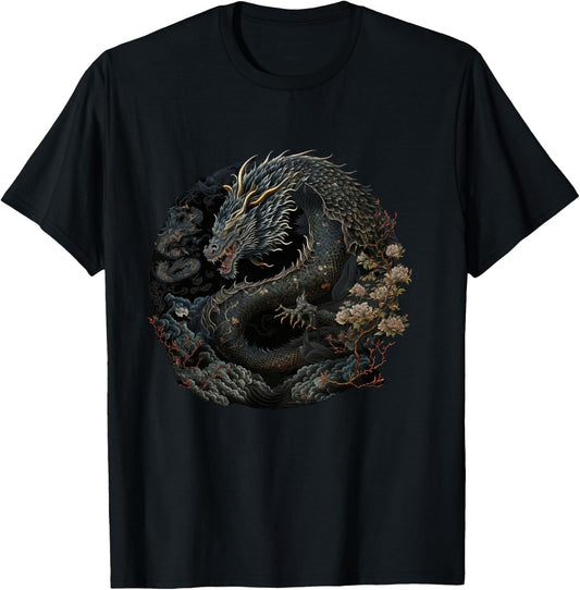 Japanese Art Dragon Japan Chinese Asian Graphic Print T-Shirt - T-Shirt | Black