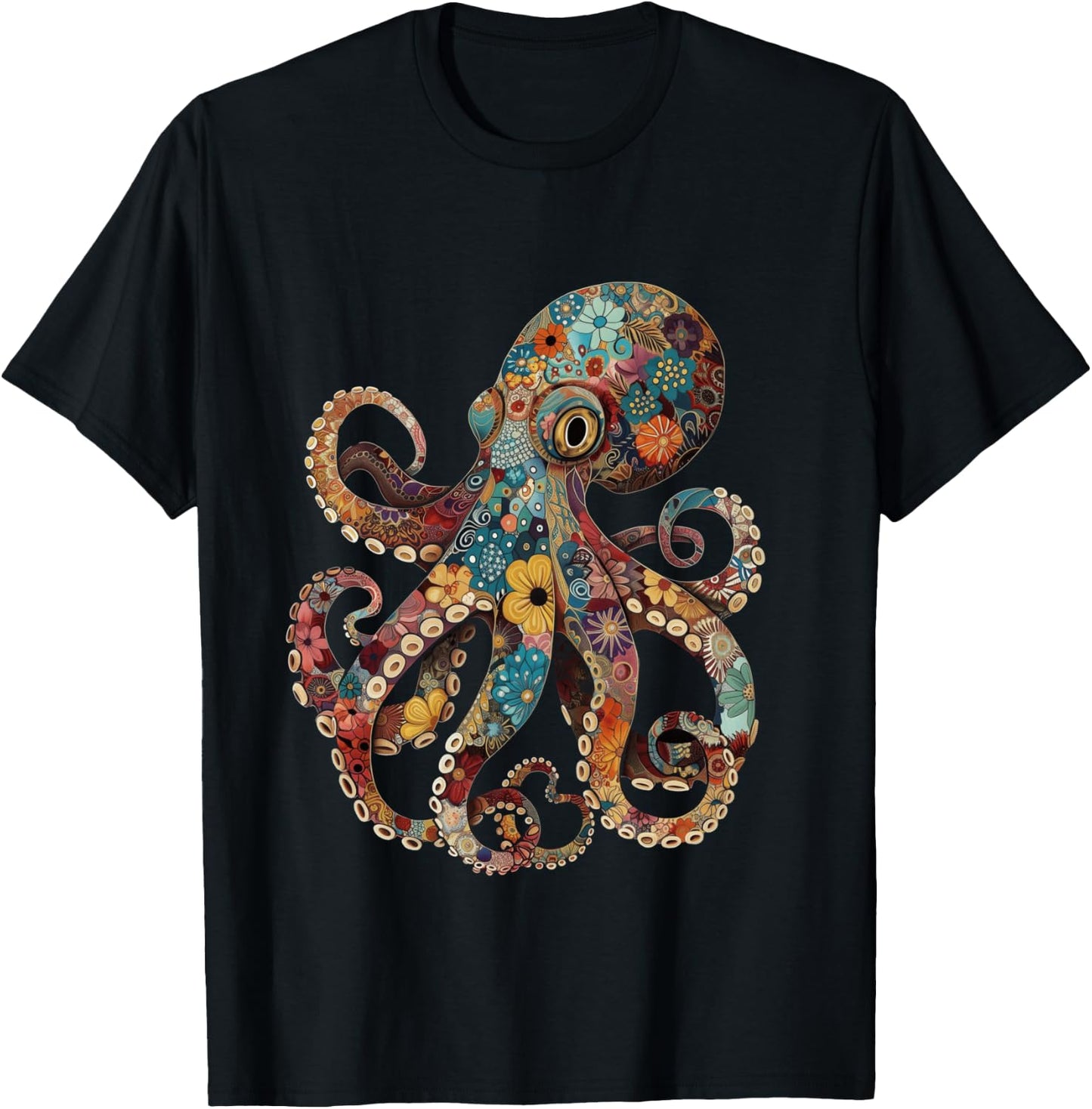 Octopus Floral Vintage Flowers Squid Kraken Scuba Diving T-Shirt - T-Shirt | Black