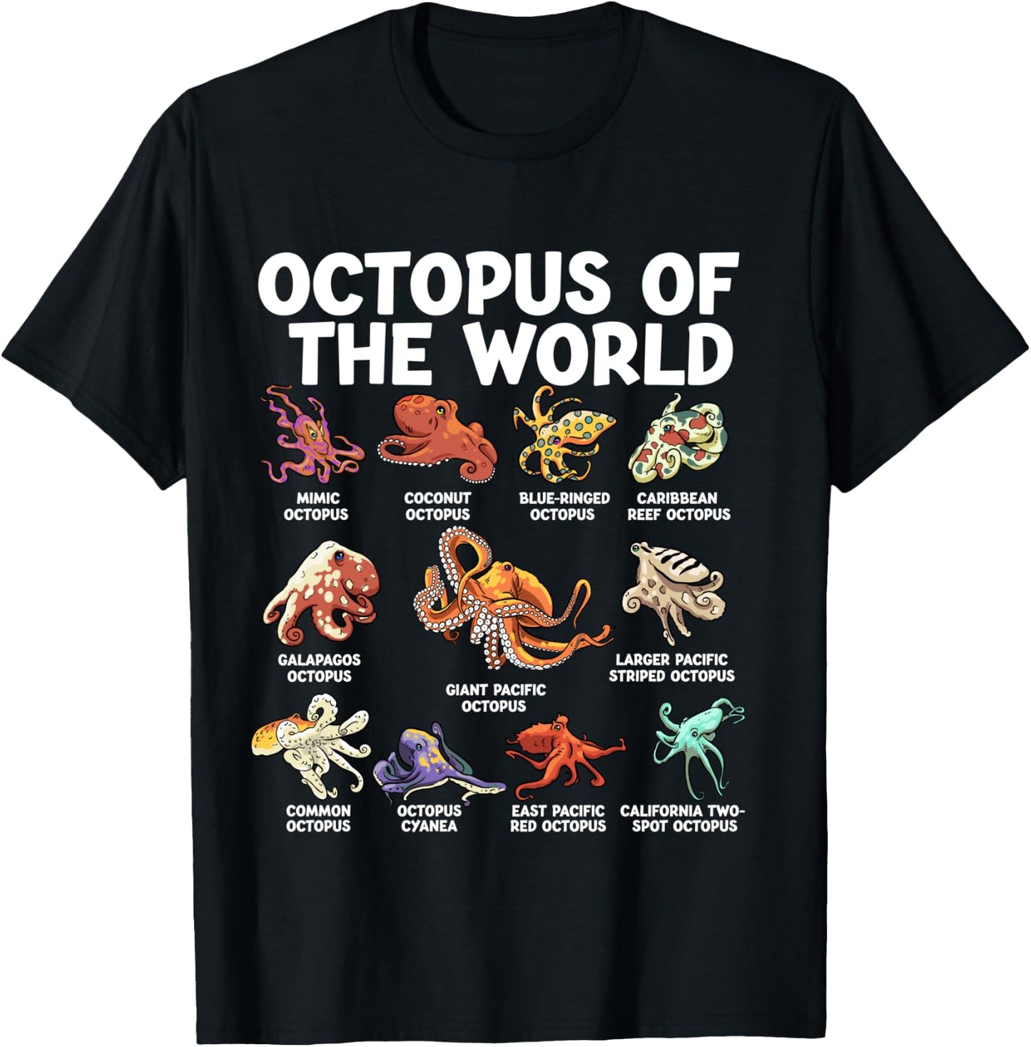 Octopus Of The World Kawaii Types Of Octopus Sea Animal T-Shirt - T-Shirt | Black