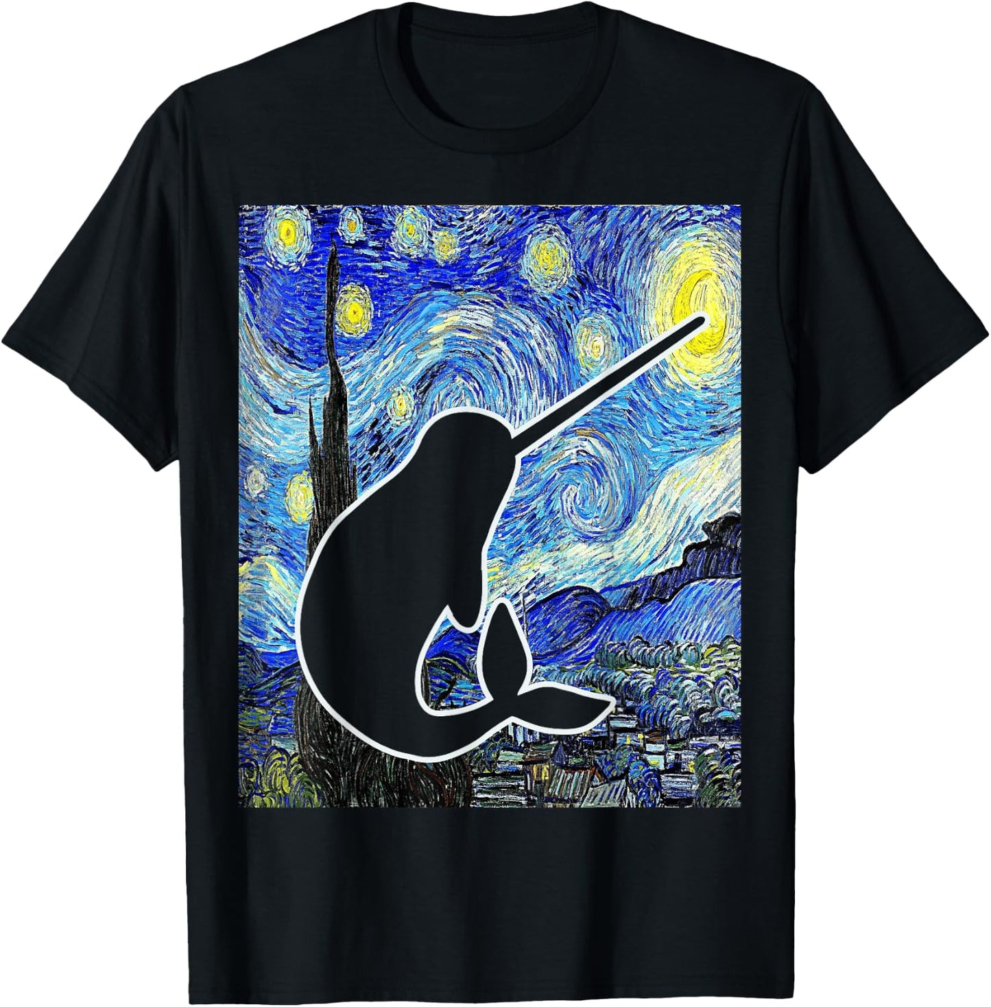 Narwhal Starry Night Narwhal Van Gogh Painting Cetology T-Shirt - T-Shirt | Black