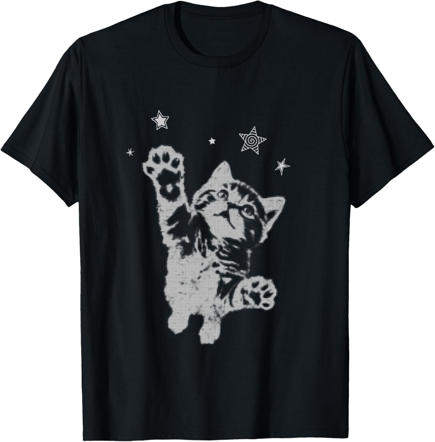 Y2K Cat Jumping Stars Silly 90s 2000s Grunge Vintage Graphic T-Shirt - T-Shirt | Black