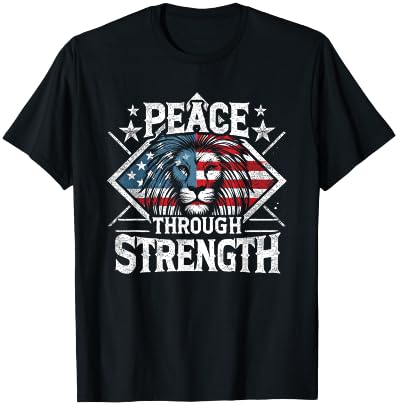 CharlIan Minds - USA Flag Peace Through Strength Lion Patriot -Adults Black Short Sleeve Modern Novelty Graphic T-Shirt - T-Shirt | Black