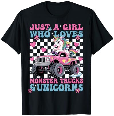 Just a Girl Who Loves Monster Trucks and Unicorns Girls T-Shirt - T-Shirt | Black