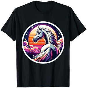 Unicorn Horse Retro Moon Sunset Unicorn Horseback Riding T-Shirt - T-Shirt | Black