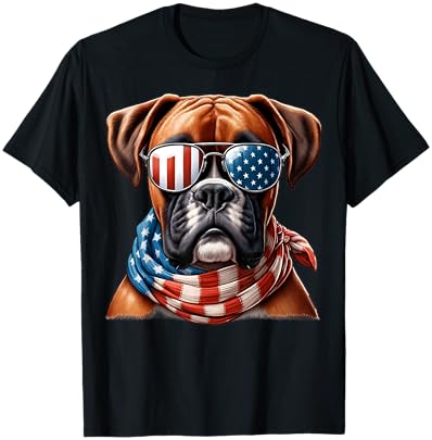 Boxer Dog USA Flag Sunglasses Patriotic Dog 4th of July T-Shirt - T-Shirt | Black