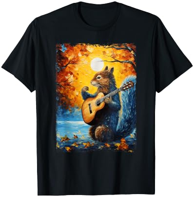 Van Gogh Starry Night Squirrel Playing Guitar Squirrel Lover T-Shirt - T-Shirt | Black